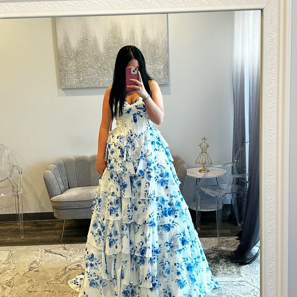 Blue Floral Tiered Ruffle Prom Dress